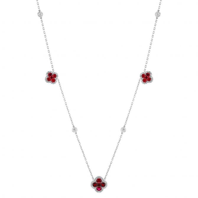 Ruby & Diamond Clover Cluster Station Necklace in White Gold, 18"