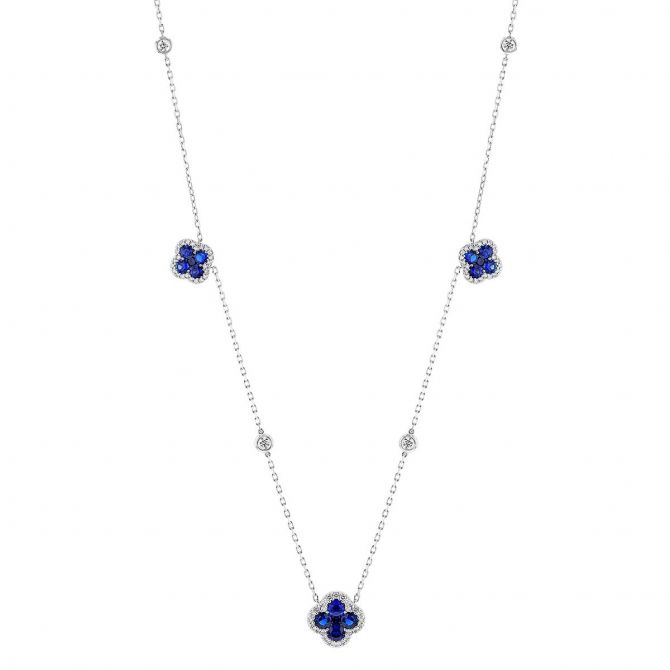 Sapphire & Diamond Clover Cluster Station Necklace in White Gold, 18"