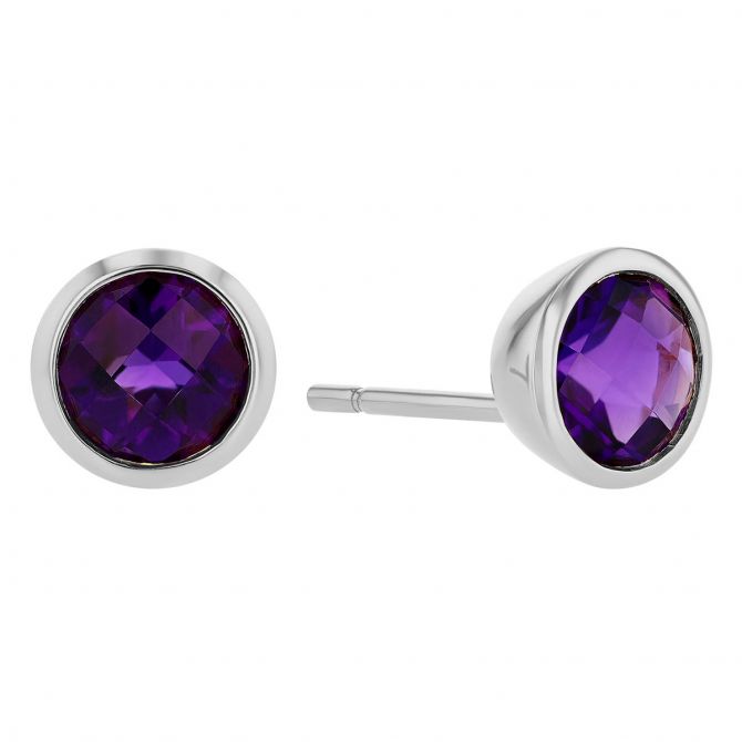 Round Checkerboard Amethyst Bezel Set Stud Earrings in White Gold