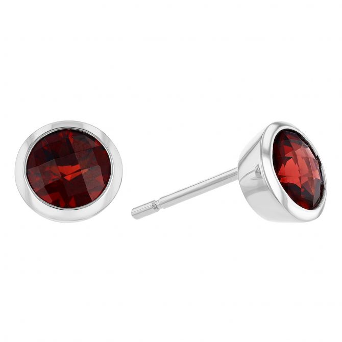 Round Checkerboard Garnet Bezel Set Stud Earrings in White Gold