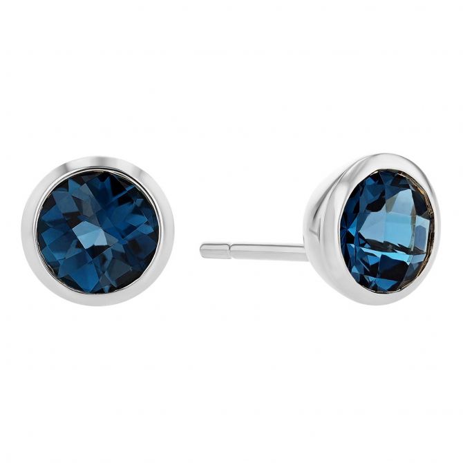 Round Checkerboard Dark Blue Topaz Bezel Set Stud Earrings in White Gold