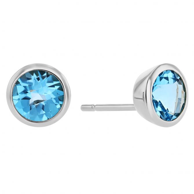 Round Checkerboard Light Blue Topaz Bezel Set Stud Earrings in White Gold