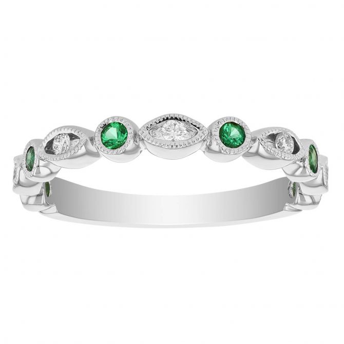 Emerald & Diamond Round & Navette Alternating Patterned Ring in White Gold