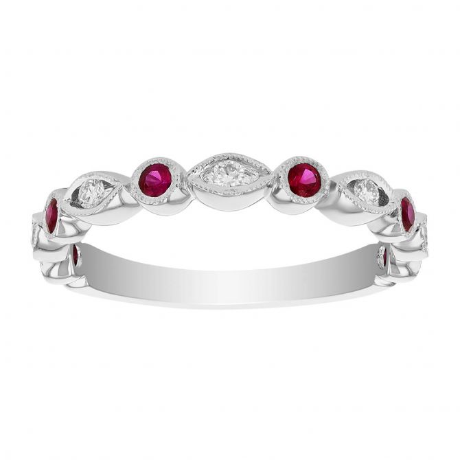 Ruby & Diamond Round & Navette Alternating Patterned Ring in White Gold