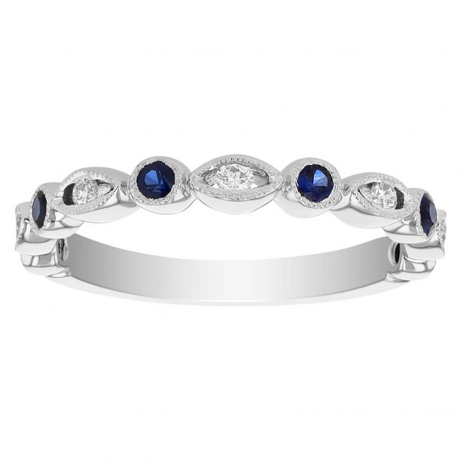 Sapphire & Diamond Round & Navette Alternating Patterned Ring in White Gold