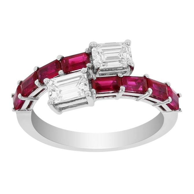 Emerald Cut Ruby & Diamond Bypass Ring in White Gold