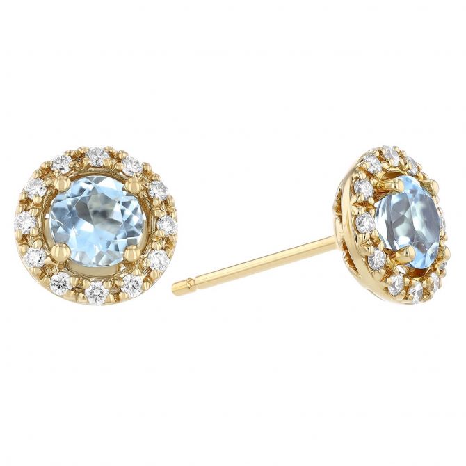 Round Aquamarine & Diamond Halo Stud Earrings in Yellow Gold