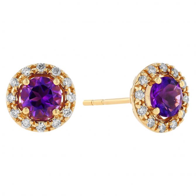 Round Amethyst & Diamond Halo Stud Earrings in Yellow Gold