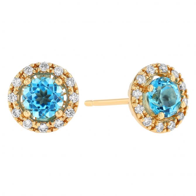 Round Blue Topaz & Diamond Halo Stud Earrings in Yellow Gold