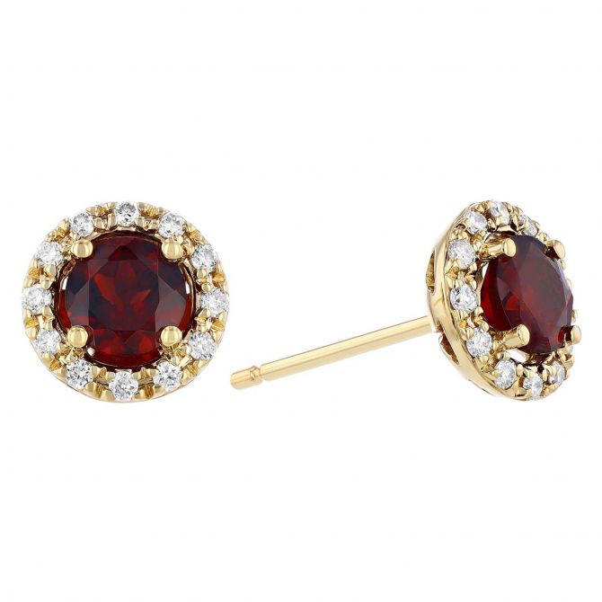 Round Garnet & Diamond Halo Stud Earrings in Yellow Gold