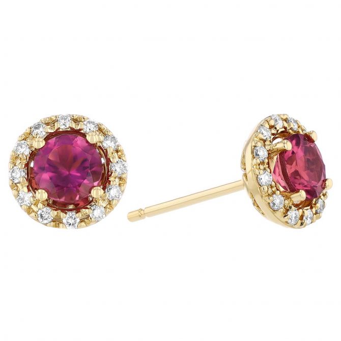 Round Pink Tourmaline & Diamond Halo Stud Earrings in Yellow Gold