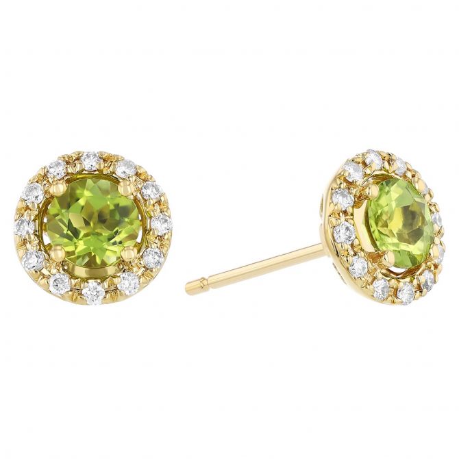 Round Peridot & Diamond Halo Stud Earrings in Yellow Gold