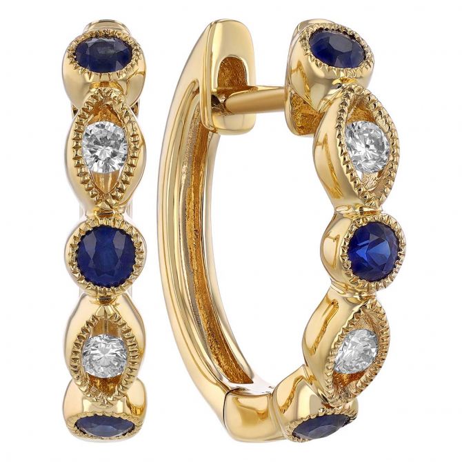 Sapphire & Diamond Alternating Huggie Hoop Earrings in Yellow Gold