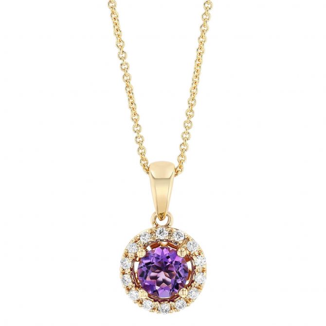 Round Amethyst & Diamond Halo Pendant in Yellow Gold, 18"