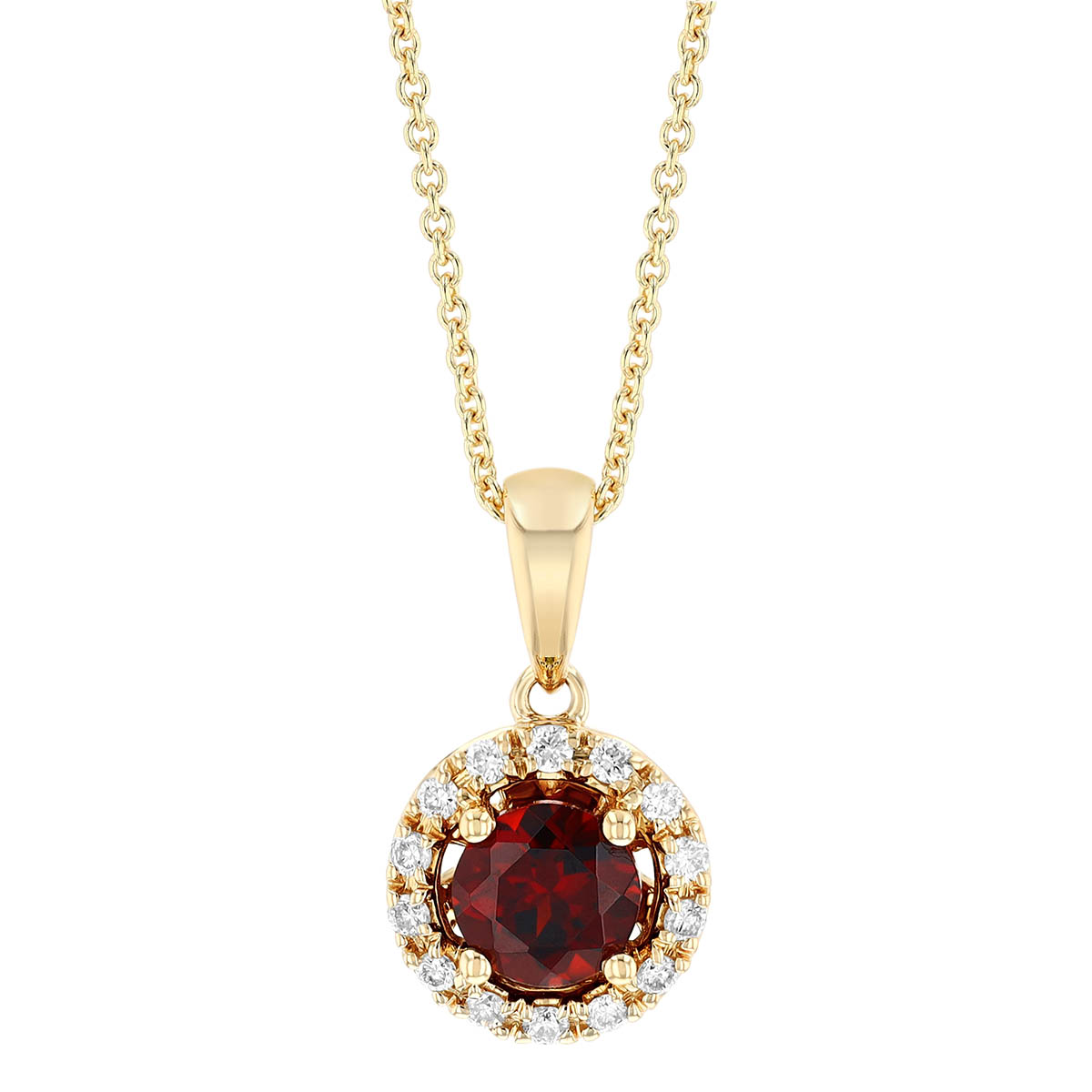 Round Garnet & Diamond Halo Pendant in Yellow Gold, 18