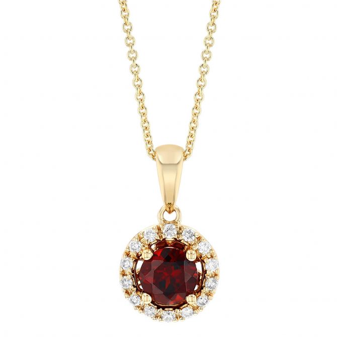 Round Garnet & Diamond Halo Pendant in Yellow Gold, 18"