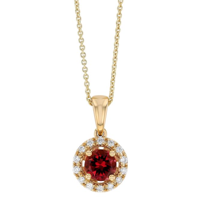 Round Pink Tourmaline & Diamond Halo Pendant in Yellow Gold, 18"