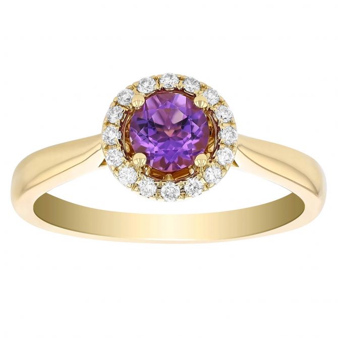 Round Amethyst & Diamond Halo Ring in Yellow Gold