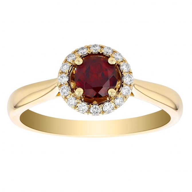 Round Garnet & Diamond Halo Ring in Yellow Gold