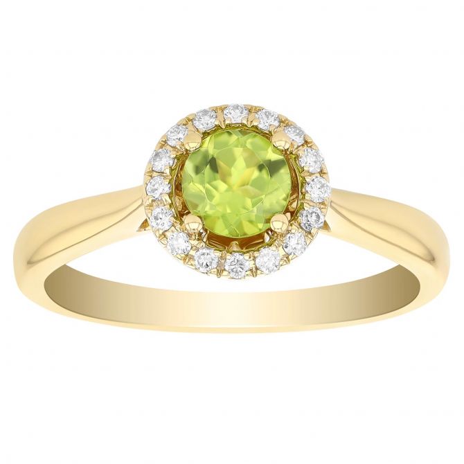 Round Peridot & Diamond Halo Ring in Yellow Gold