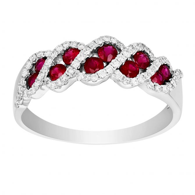 Ruby 2 Stone Twist Ring with Diamonds in White Gold