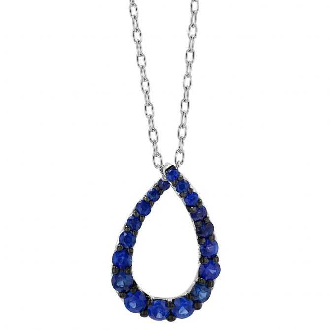 Sapphire Open Teardrop Pendant in White Gold with Black Rhodium, 18"