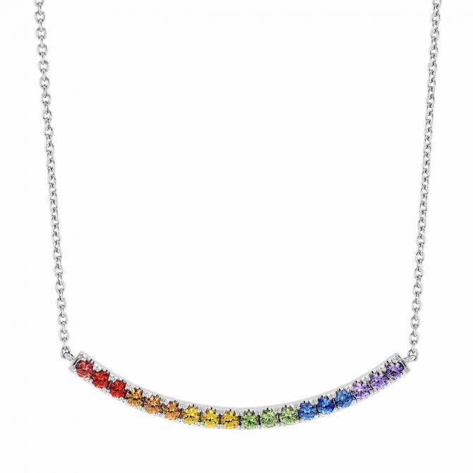 Rainbow Sapphire Curved Bar Necklace in White Gold, 18"