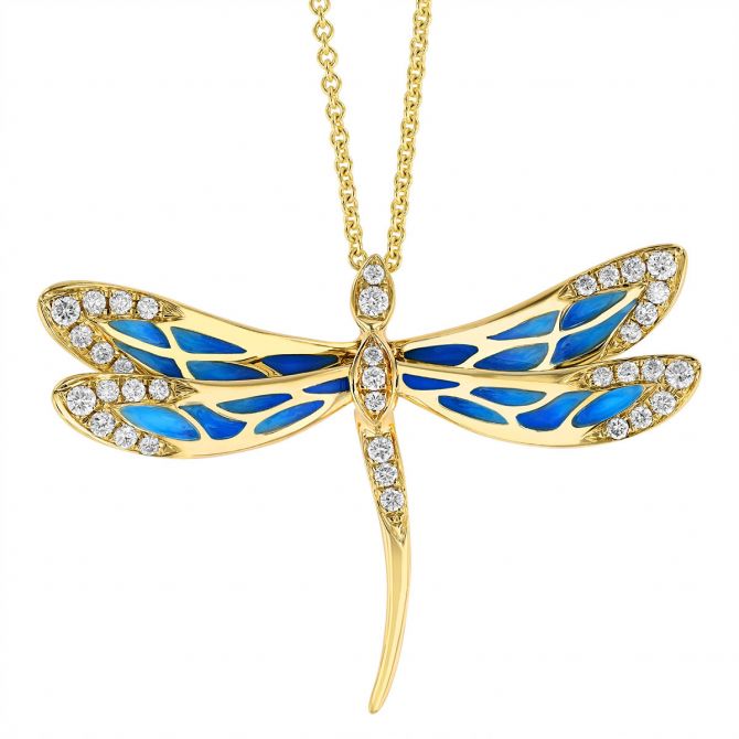 Dragonfly Pendant with Diamonds & Blue Enamel in Yellow Gold, 18"