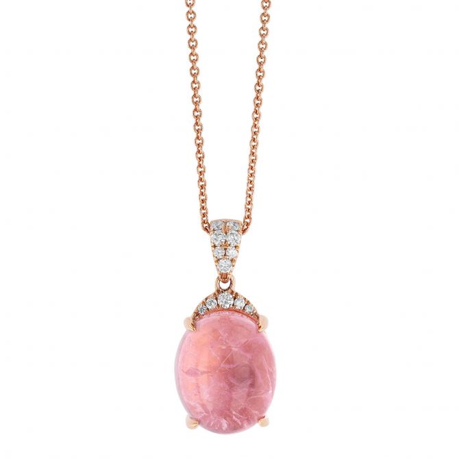 Oval Morganite Cabochon & Diamond Pavé Bail Pendant in Rose Gold, 18"