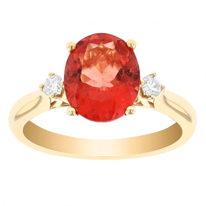 Oval Orange Tourmaline & Diamond 3 Stone Ring in Yellow Gold