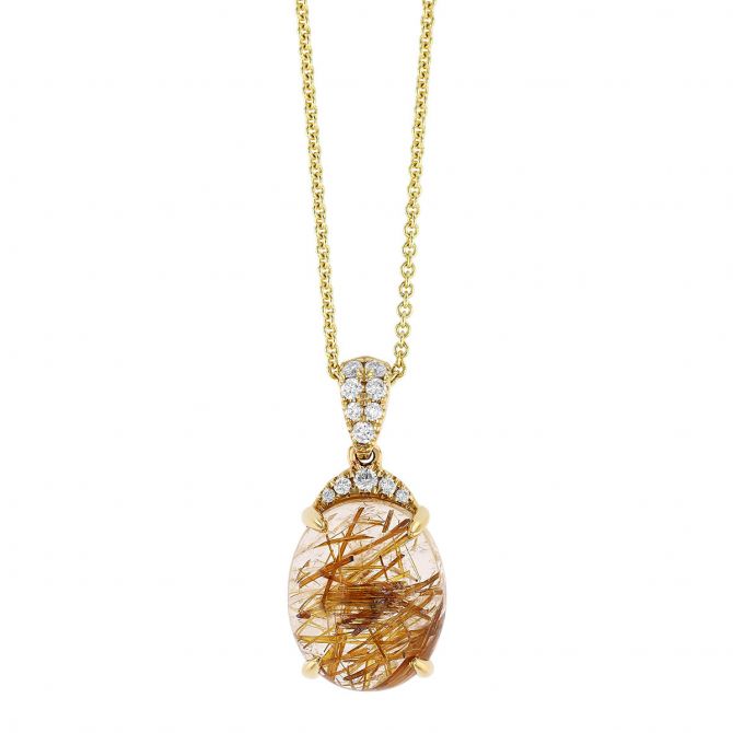 Oval Rutilated Quartz Cabochon & Diamond Pavé Bail Pendant in Yellow Gold, 18"