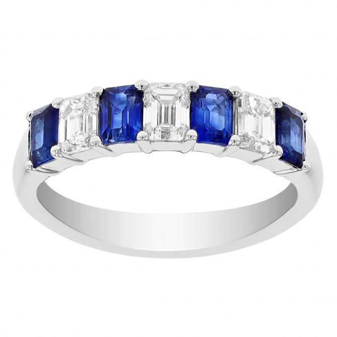 Sapphire & Diamond Emerald Cut Alternating Band Ring in White Gold