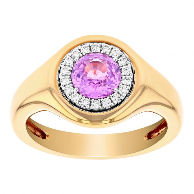 Pink Sapphire & Diamond Halo Signet Ring in Yellow Gold