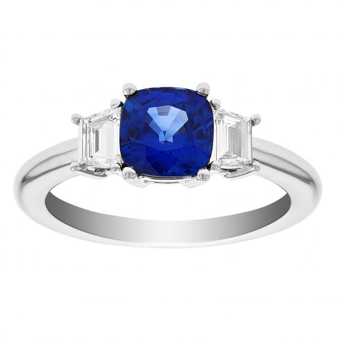 Cushion Sapphire & Trapezoid Diamond Side Stone Ring in Platinum