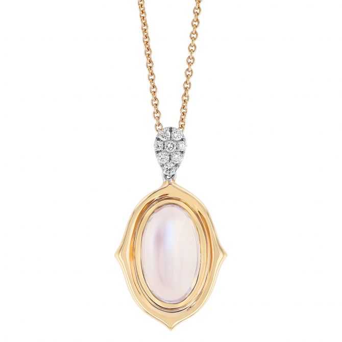 Oval Moonstone Cabochon & Diamond Pavé Bail Bezel Set Pendant in Rose Gold, 17"