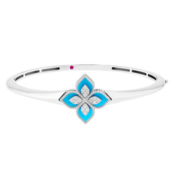 Roberto Coin Princess Flower Turquoise & Diamond Flower Bangle Bracelet in White Gold