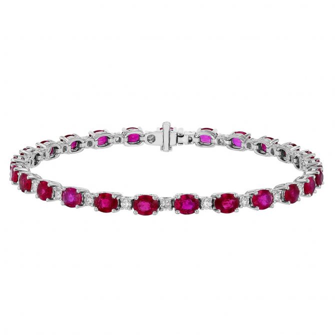 Alternating Oval Ruby & Diamond Tennis Bracelet in White Gold, 7"