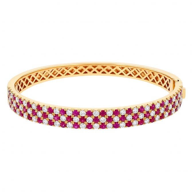 Ruby & Diamond Checkerboard 3 Row Bangle Bracelet in Yellow Gold