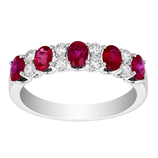 Oval Ruby & 2 Diamond Alternating Band Ring in White Gold