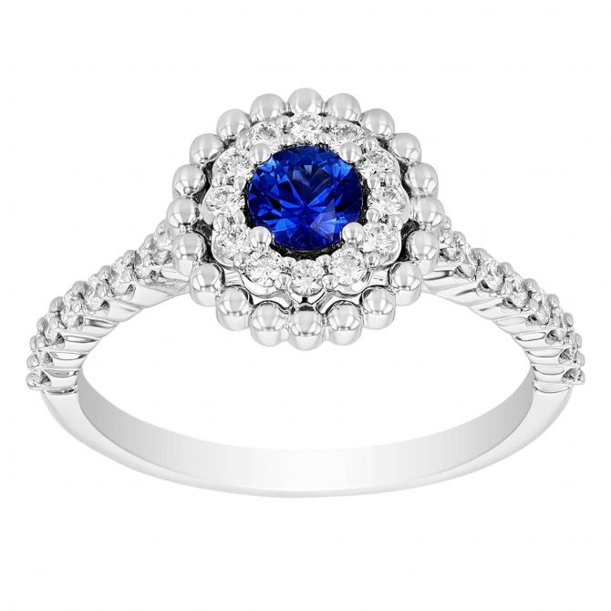 Sapphire & Diamond Halo Ring with Milgrain in White Gold