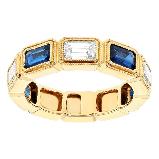 Emerald Cut Sapphire & Diamond Bezel Set Alternating Milgrain Pattern Ring in Yellow Gold