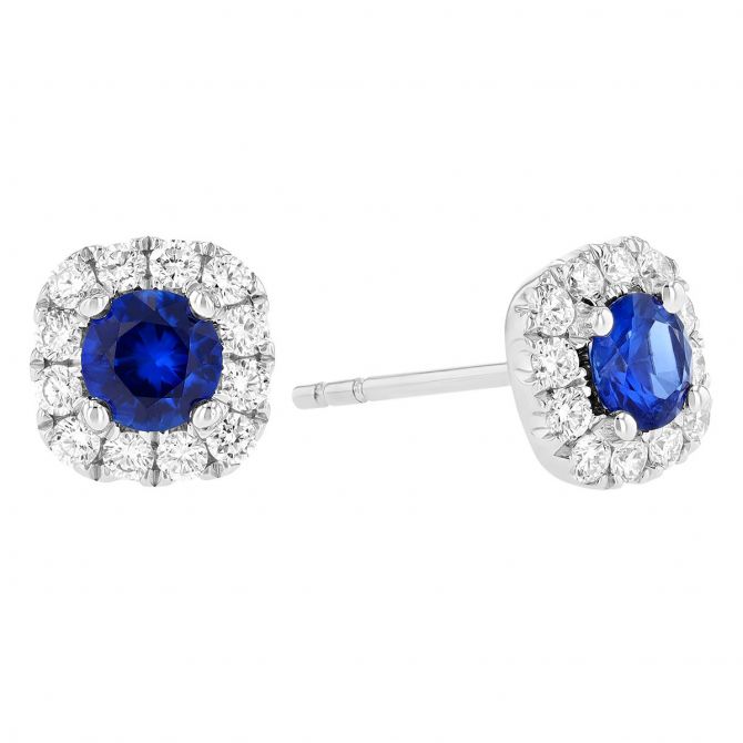 Round Sapphire & Diamond Halo Stud Earrings in White Gold