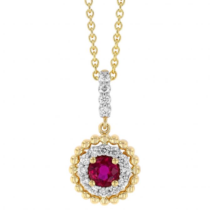 Round Ruby & Diamond Halo with Yellow Gold Bead Halo Pendant in Two Tone with Diamond Bail, 17"