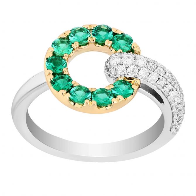 Emerald & Diamond Pave Open Circle Ring in White & Yellow Gold