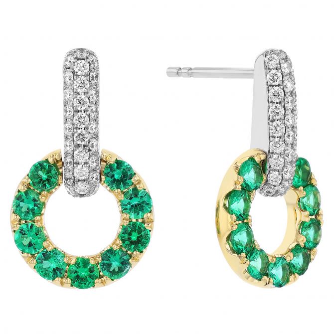 Emerald Open Circle & Diamond Pavé Drop Earrings in Yellow & White Gold