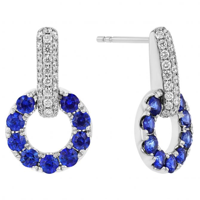 Sapphire Open Circle & Diamond Pavé Drop Earrings in White Gold