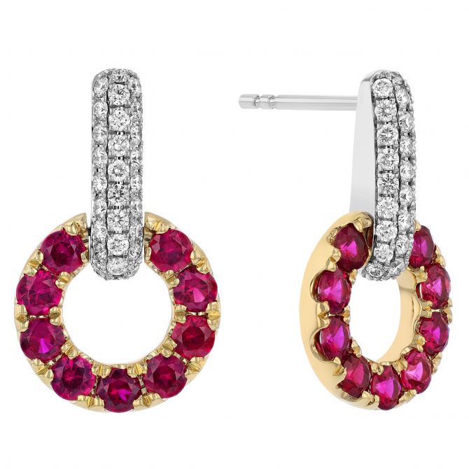 Ruby Open Circle & Diamond Pavé Drop Earrings in Yellow & White Gold