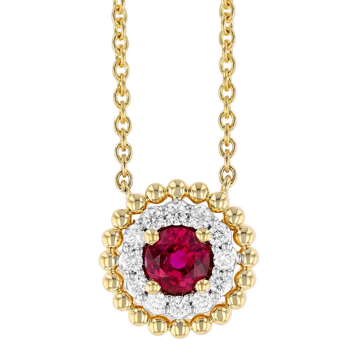 Round Ruby & Diamond Halo with Yellow Gold Bead Halo Pendant in Two ...