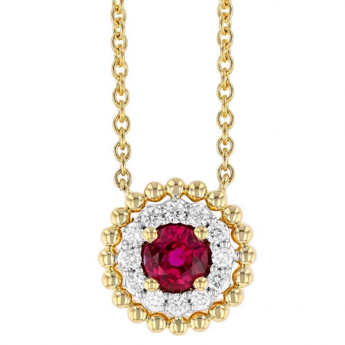 Round Ruby & Diamond Halo with Yellow Gold Bead Halo Pendant in Two Tone, 17"