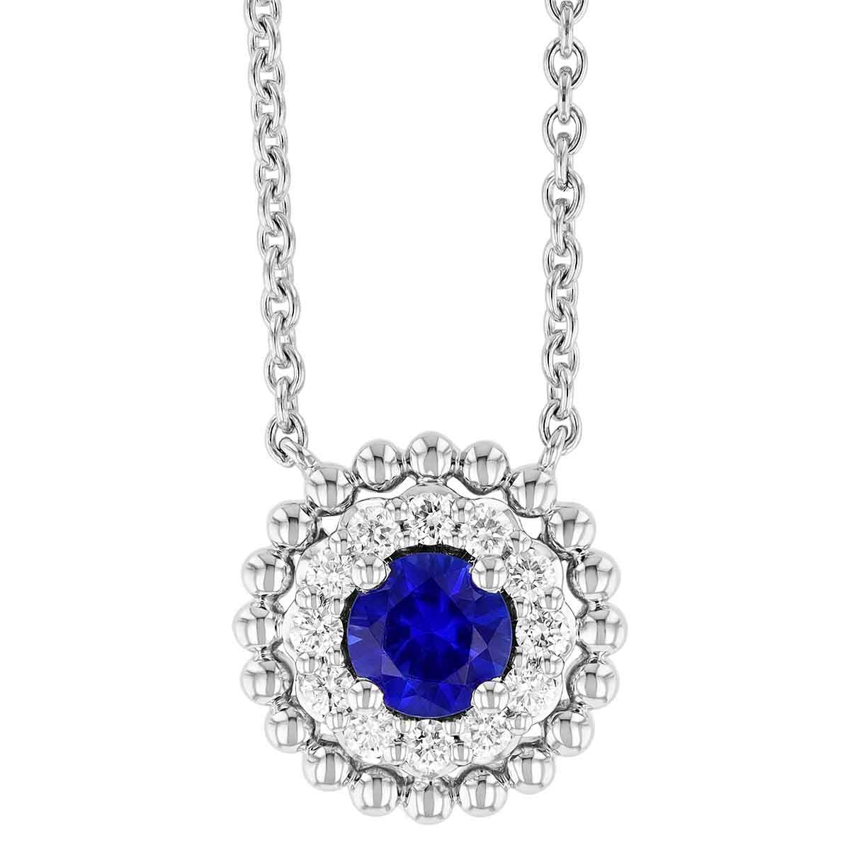 Round Sapphire & Diamond Halo with White Gold Bead Halo Pendant, 17 ...